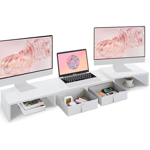 TEAMIX Dual Monitor Stand Riser - Length and Angle Adjustable White Monitor Stand with 2 Drawers to Storage Large Computer Riser for 2 Monitors/Laptop/PC, Wood Screen/TV Stand Desk Organizer Cover