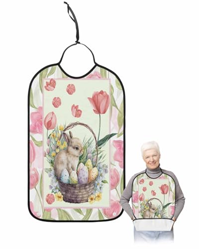 LEOKOTI Easter Bunny Adult Bibs for Eating, Waterproof Bibs with Food Catcher & Adjustable Snap Closure, Spring Floral Red Tulip Eggs Basket Washable Clothing Protectors Adult Bibs for Elderly
