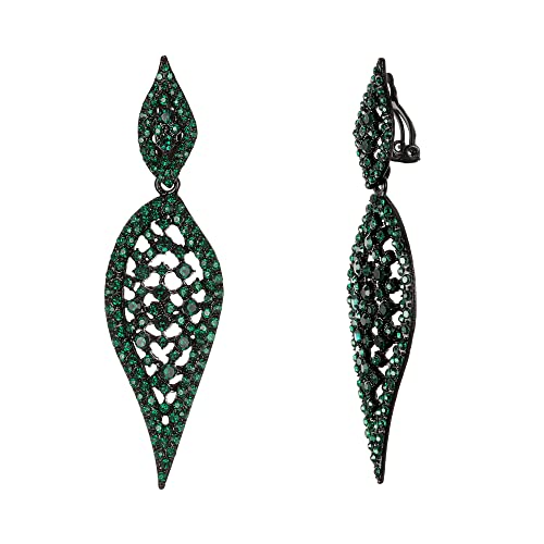 Ever Faith Art Deco Clip-On Dangle Earrings, St Patricks Day Leaf Round Rhinestone Crystal Chandelier Drop Earrings For Party Green Black-Tone #TOP3