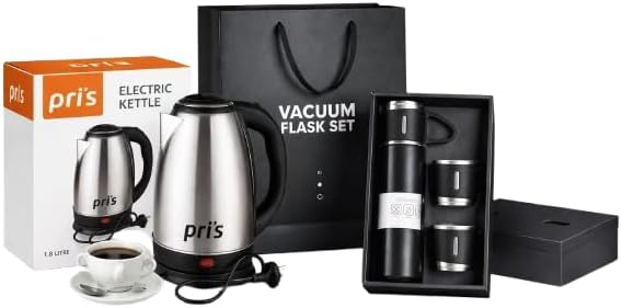 Mega Luxury 3-in-1 Stainless Steel Beverage Gift Set – 1.8L Electric Kettle, Leakproof Vacuum Flask & 3 Premium Coffee Mugs