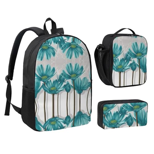 Mochila escolar ligera juvenil de flores con portameriendas y estuche negro 2