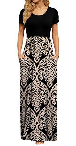 Image of DB MOON Womens 2026 Casual Summer Plus Size Maxi Dresses Short Sleeve Empire Waist Long Dress with Pockets(Black and Gold, 4XL)