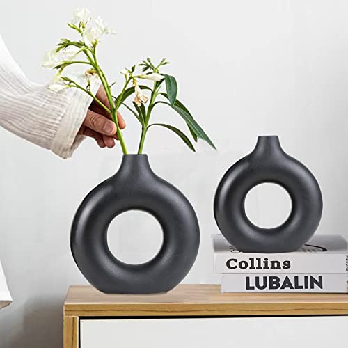 Black Ceramic Vase Set Of 2(Large+Medium), Flower Vase For Boho Decor Modern Home Decor Minimalist Decor,Round Vase For Flowers,Modern Vases For Home Office Kitchen Table Decor (Black) #TOP2