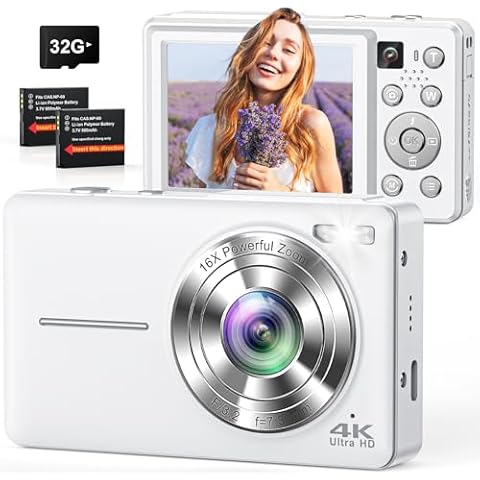Digital Camera, 4K 64MP Cameras for Photography, Point and Shoot Digital Camera with Auto Focus, Dual Camera, Flash, 16X Zoom, Anti Shake, 32GB Card, Compact Vlogging Camera for Teens, Adults Cover