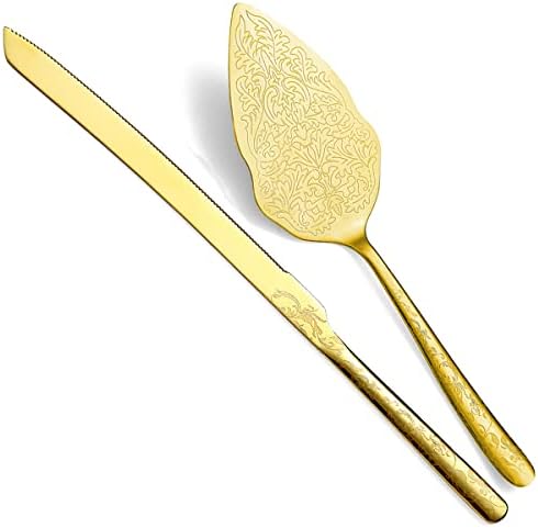 Berglander Gold Wedding Cake Knife and Server Set, Titanium Gold Plating with Unique Pattern Design Cake Cutter Serving Set Perfect for Wedding, Birthday, Parties and Events Dishwasher Safe
