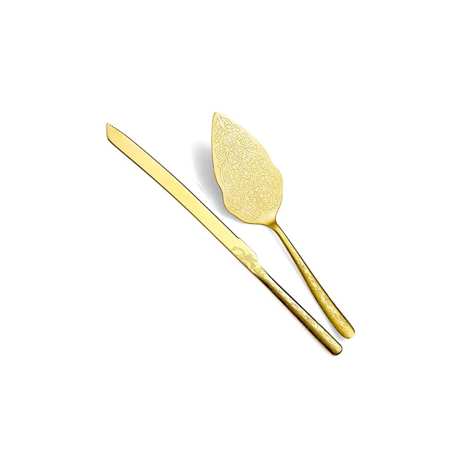 Berglander Gold Wedding Cake Knife and Server Set, Titanium Gold Plating With Unique Pattern Design Cake Cutter Serving Set Perfect For Wedding, Birthday, Parties and Events Dishwasher Safe