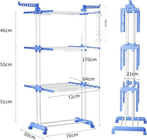 Image of LUCCI Clothes Drying Rack, Folding Clothes Rail Storage Stand, 3 Tier Stainless Steel Laundry Garment Dryer with Dual Side Wings, Heavy Duty Portable Clothes Horse Organizer for Indoor Outdoor Use