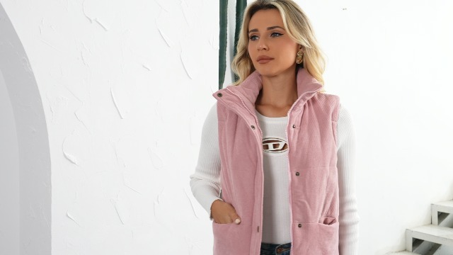 Aisongyuan Womens Corduroy Puffer Vest Stand Collar Zip Snap