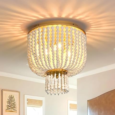 AyshwillDec 3 Light 12 Inch Boho Light Fixtures Ceiling Wood Beaded Flush Mount Ceiling Light Bohemia Wood Beaded Chandelier Natural Wood Beaded Chandelier Boho Light Fixture for Living Room Cover