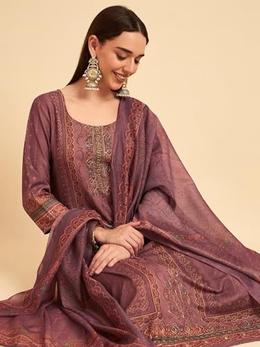 Image of SheWill Kurta Sets for Women - Red Rayon Aari Hand Work with Digital Floral Print Kurta with Pant and Chanderi Dupatta |Stylish Printed Summer Kurti Set