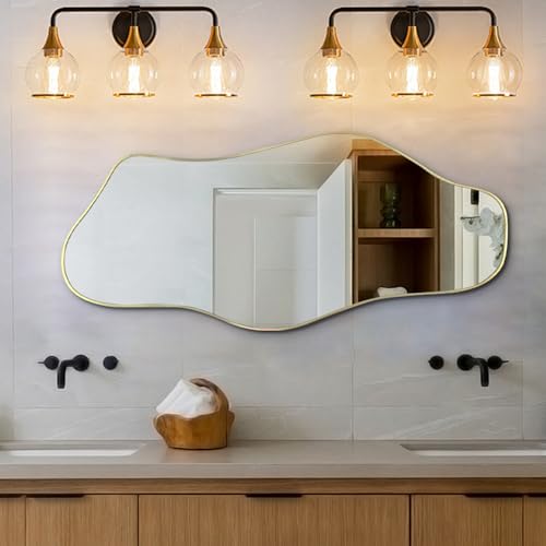 DAOYIJIAJU Irregular Wall Mirror, 40"x17.7" Gold Asymmetrical Frameless Mirror, Modern Organic Shaped Mirrors for Living Room Bedroom Hallway Entryway, Horizontal or Vertical Hanging