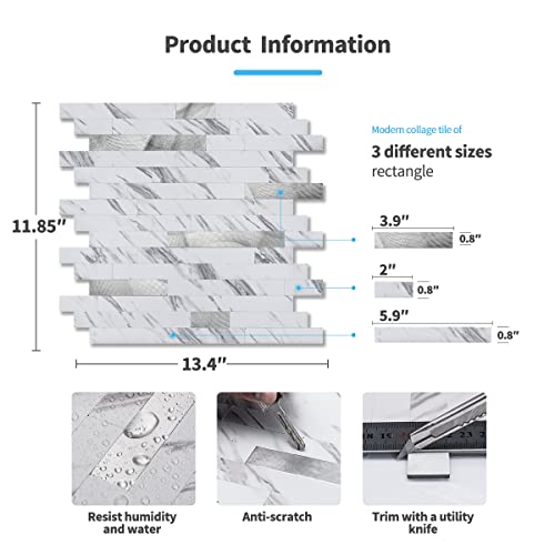 Image of Art3d Faux Stone Peel & Stick Backsplash Tile, 10 pcs, Plain White Marble