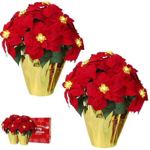 HOMESEASONS 2 Pack 18" Lighted Large Artificial Poinsettias for Outdoors