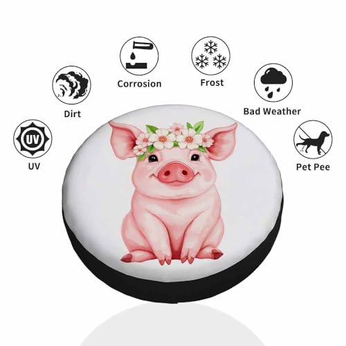 Image of Pink Pig Spare Tire Cover Funny Piglet Wearing Wreath Farm Cartoon Watercolor Animal Weatherproof Universal Wheel Protectors Camper Tire Covers for Trailer Rv Travel(17 inch)