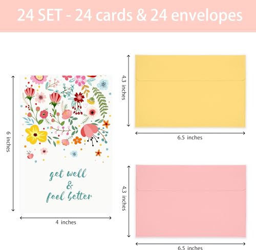 Nihuecne 24 Pack Floral Get Well Cards with Self-adhesive Envelopes, 4\"x6\" Boxed Prefilled Greeting Note Cards to Friends, Relatives or Loved One, 24 Unique Designs - Thumbnail 2