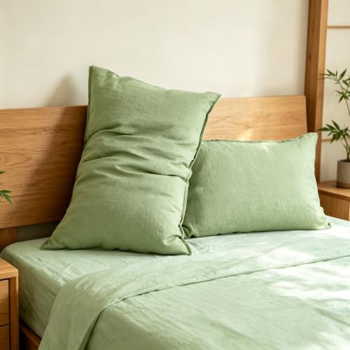 Simple&Opulence 100% Linen Pillowcases Basic Style Solid Color Set of 2, Queen Size Stone Washed Flax Pillow Cover Envelope Closure (20''x30'', Sage Green)