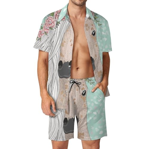 Chemise Hawaïenne Hommes Ensemble Été Fleur de Licorne Verte