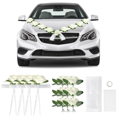 SUPAWAY Décoration de capot de voiture de mariage en blanc avec fleurs, Ensemble de décoration auto pour de nombreux modèles avec 13 roses, ventouses, 2x...
