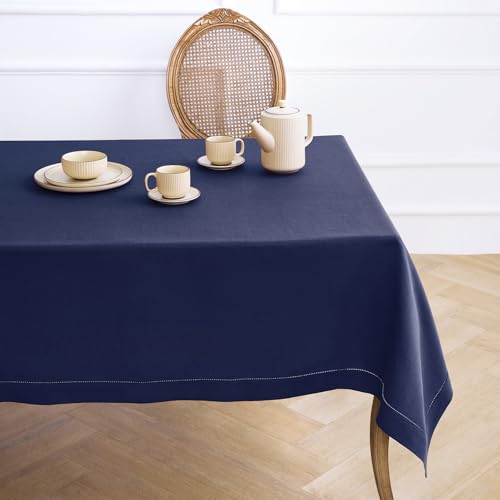 Solino Home 100% Pure Linen Tablecloth Navy, Classic Hemstitch 60 x 90 in