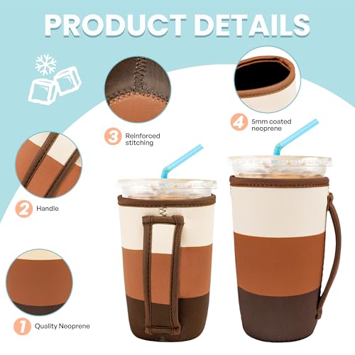 Image of KJQJLY 3 Pack Reusable Iced Coffee Sleeves for Iced Coffee Cups or Drinks Reusable Neoprene Insulated Sleeves for Hot and Cold Drinks from Starbucks, Dunkin, And More (Mocha Brown)