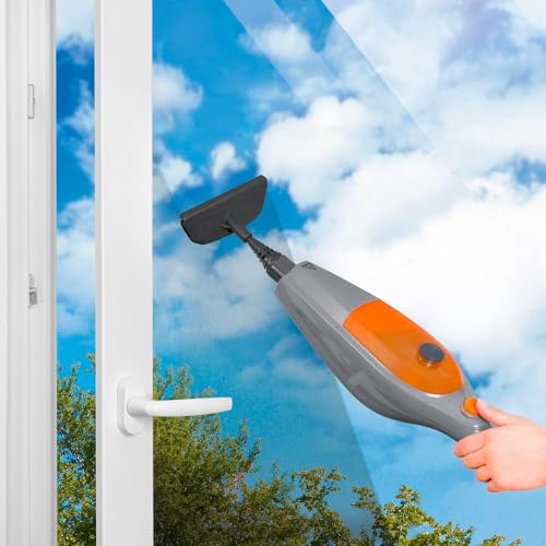 Dampfreiniger mit 9 Werkzeugen, ideal für Teppiche, Dampfreiniger für hartnäckigen Schmutz und 9 Zubehörteile, 0,3 l, 1500 W, grau und orange