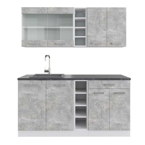 Vicco Singleküche R-Line, Beton/Weiß, 160 cm, AP Anthrazit, mit Flexibler Anordnung der Module und erweiterbar
