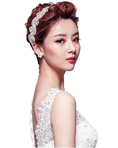 Goege Elegent Luxury Handmade Crystal Rhinestone Jewelry Beads Bridal Wedding Evening Pageants Proms Birthday Christmas Gift Headband Satin Ribbon Hiarband Headwrap Hair Band Accessory White #TOP2