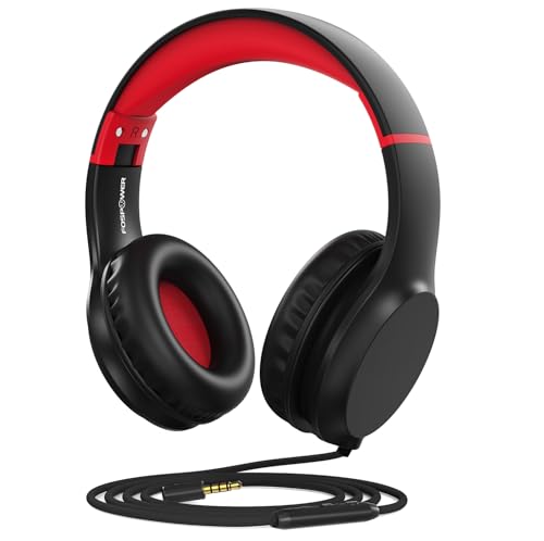 FosPower Kids Headphones with 3.5mm Laced Cables, Children & Teens Over The Ear Foldable Adjustable Headset w/Built-in Mic for Smartphones/PC/Tablet/Laptop/School (Max Volume 85dB) - Black/Red