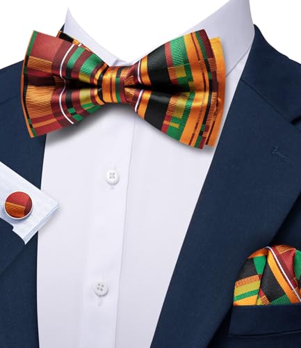 Image of Barry.Wang Paisley Striped Bow Tie for Men Silk Pre-Tied Bowtie Pocket Square Cufflinks Set Formal Wedding Party Prom