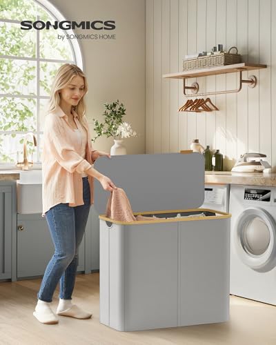 SONGMICS Cesto Portabiancheria con Coperchio a 4 Scomparti, Cesta per Bucato, 200 L, Sacco Rimovibile, Tessuto Oxford, Manici di Bambù, Pieghevole, 78 x 38,5 x 70,5 cm, Grigio Tortora LCB514GD01 - Immagine 1