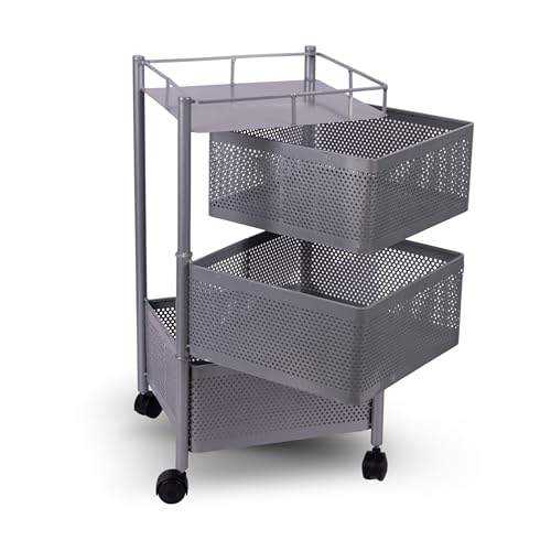 Image of KITCHIVO Kitchen Storage Rack | Revolving Vegetable Rack | Square Multipurpose Storage Trolley with Wheels | Metal Fruit Rack (Silver, 3 Layer)