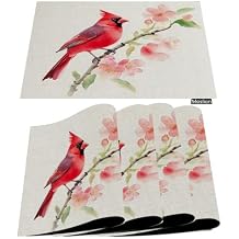 Moslion Red Bird Placemats Rustic Farm Animal Cardinal Wild Flowers Leaves Branch Cool Funny Table Placemats for Dinning Table Washable Cotton Linen 12x18 Inch, Set of 4...