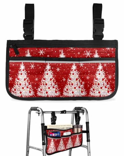 Anzona Red Wooden Christmas Tree Wheelchair Side Bag Walker Bag, Farmhouse Xmas Snowflake Wheelchair Accessories Armrest Pouch, Organizer Storage Bag for Walkers, Rollators, Scooters, 7.3''x13''