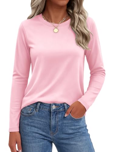 SMENG Round Neck Cotton Long Sleeve Shirt Women Light Pink M