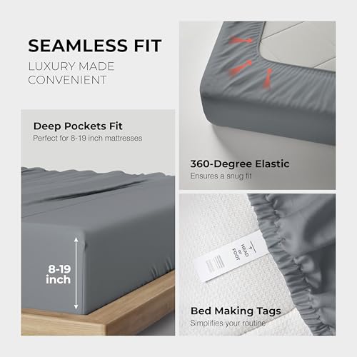 Image of THREAD SPREAD 100% Egyptian Cotton King Size Sheets Set - Luxury 1200 Series Plush Collection Egyptian Cotton Sheets King Size (4 PC, Dark Grey), Silky Soft, Cooling, 17 inch Deep Pocket Bed Set