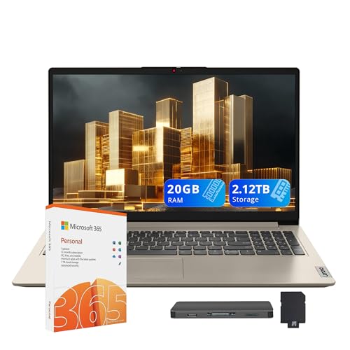 Image of Lenovo IdeaPad 1 15.6 inch HD Business Laptop, Intel Celeron N4500, 20GB RAM, 1TB SSD+128GB eMMC, Intel UHD Graphics, Numeric Keypad, 1 Year Office 365, Wi-Fi 6, Win11 Pro, Sand, 1TB Docking Station Set