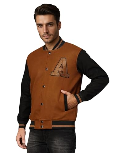 Image of CHKOKKO Men's Regular Varsity Jacket with Snap Button Closure and Patch Design Trendy Comfortable Outerwear for College Travel and Casual Wear