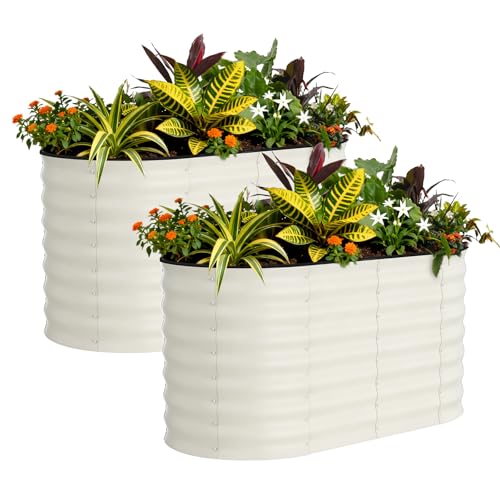 Garvee 2 Pack 4x2x2ft Galvanized Raised Garden Bed Kit Oval Metal Planter Boxes with Anti-Cut Safety Edges Rust-Resistant Deep Root Planters for Outdoor Vegetables Flowers Herbs Beige