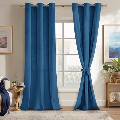 JIUZHEN Blue Velvet Blackout Curtains 90 inches - Super Soft Velvet Textured Room Darkening Grommet Window Drapes for Living Room/Bedroom/Sliding Door, 42W x 90L, Set of 2 Panels with Tiebacks