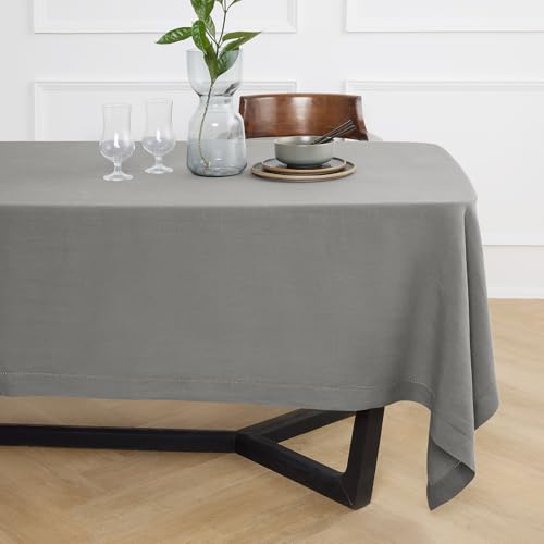 Solino Home Linen Grey Tablecloth 70 x 70 Inch - Sonoma Hemstitch, 100% Pure Linen Square Tablecloth - Machine Washable Table Cloth by Solino Home - Used condition - US$73.91