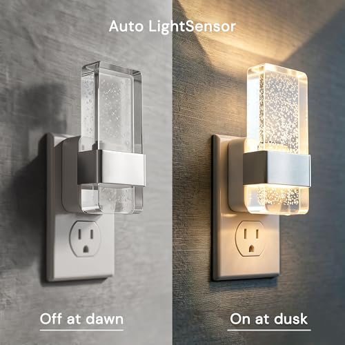 Image of L LOHAS LED Night Light, Dimmable Night Lights Plug into Wall, 2 Pack Acrylic Silver Nightlight with Light Sensor, 0-100LM Automatic Plug in Nightlight for Bathroom, Hallway, Stairway, Gift