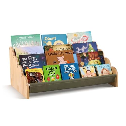 Puricon 4-Tier Kids Bookshelf, Wooden Bookcase Organizer for Toddlers with Deep Pockets & Wavy Edge, Decorative Front-Facing Sling Book Rack for Kids Rooms, Nursery, Playroom and Classroom -Sage