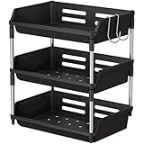Lifewit Fruit Storage with 2 Banana Hangers, Fruit Bowl Basket for Kitchen Countertop, Plastic Food Rack Holder with Stand, Food Organiser, Vegetables Storage Rack in Party, 3 Tier(40cm H), Black