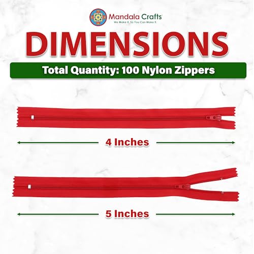 Image of Mandala Crafts 100 PCs Red Closed-End 4 Inches Nylon Zippers for Sewing