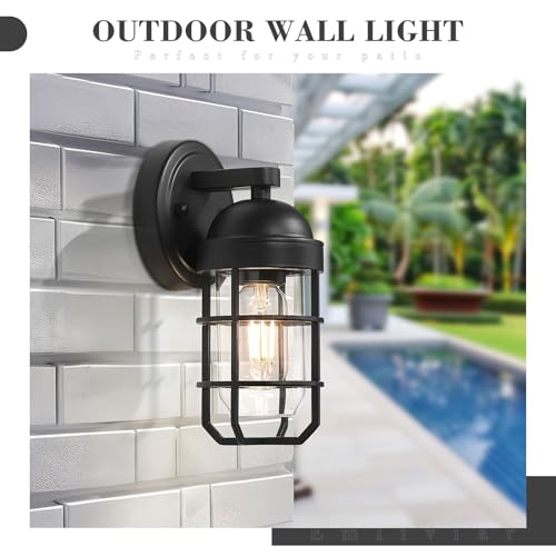 Image of Emliviar Modern Outdoor Wall Light for House Porches, Solid Classic Metal Cage, Retro Charm Exterior Wall Light, Clear Tempered Glass, Black Finish, GE255B BK