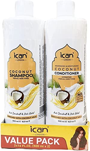 ican London Coconut Enriched Anti Dandruff, Itch Relief Shampoo & Conditioner DUO PACK 500ml X 2