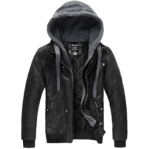 wantdo Mens Leather Jacket with Removable Hood Motorcycle Faux Leather Coat