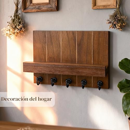 Miniatura 5 de Kldgris Colgador Llaves, Portallaves De Madera, Organizador Llaves Con 5 Ganchos Para Llaves, Llavero Decorativo Para Llaves, Cartas, Periódicos Marrón