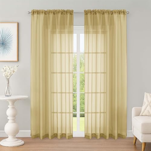Image of OWENIE Sheer Curtains 84 Inches Long 2 Panels Set, Sheer Gold Curtains for Living Room Bedroom 59 Inch Extra Wide, Modern Voile Filmy Rod Pocket Drapes, 2 Pcs, Each 59 W x 84L, Gold