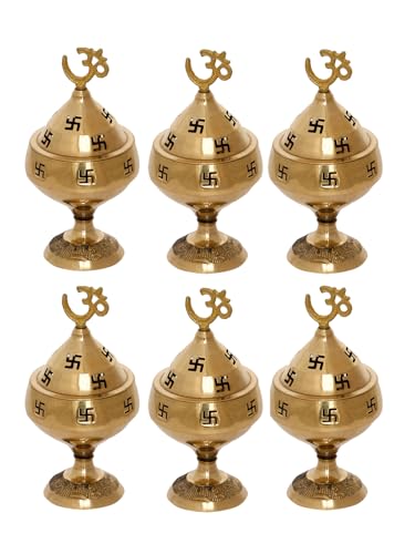 eCraftIndia Set of 6 Golden Om Swastik Decorative Brass Akhand Diya for Puja|Brass Diyas for Diwali Pooja Room Home Temple| Decoration Items for Home Decor| Diwali Housewarming Navratri